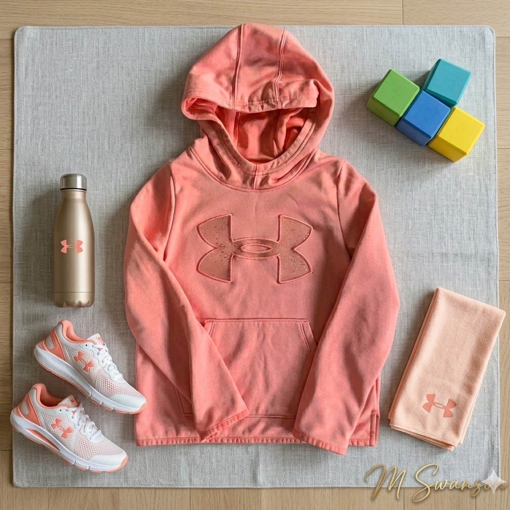 Under Armour Kids Peach Pink Sparkle Logo Hoodie Sweatshirt Size YSM Small EUC
